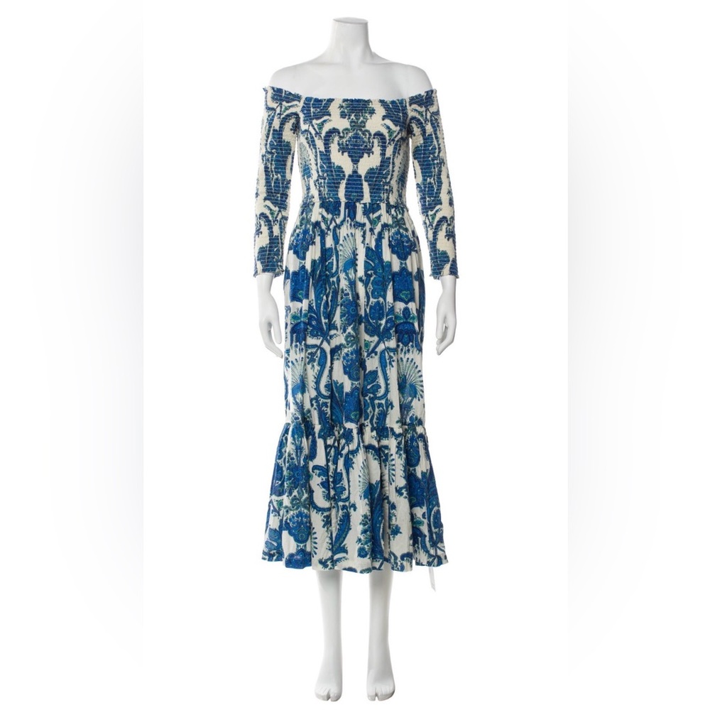 Cara Cara Blue and White Off-Shoulder Long Sleeve Maxi Dress